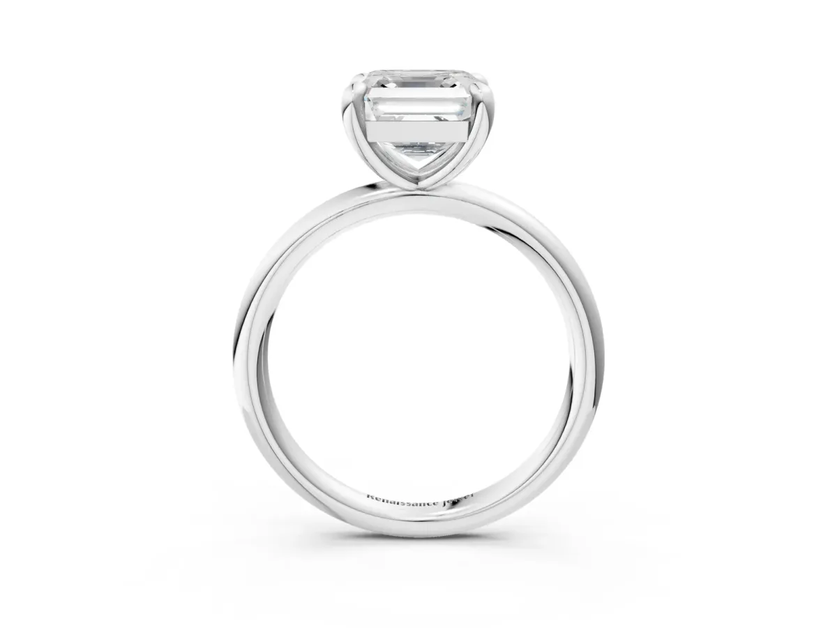 Asscher Cut Solitaire Diamond Ring with Four-Prong Setting on a Plain Band Platinum