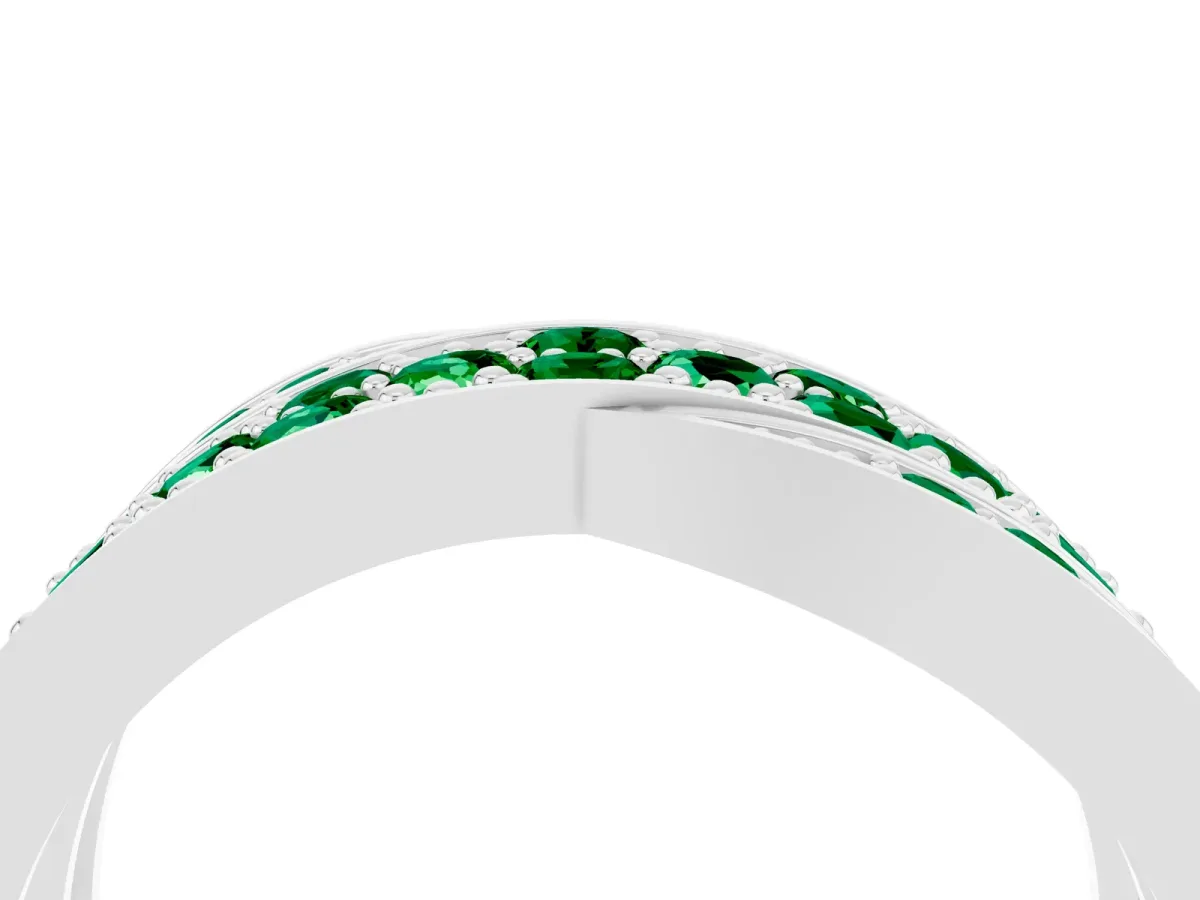 Pavé Round Emerald Crossover Band with Bead Prong Setting Silver