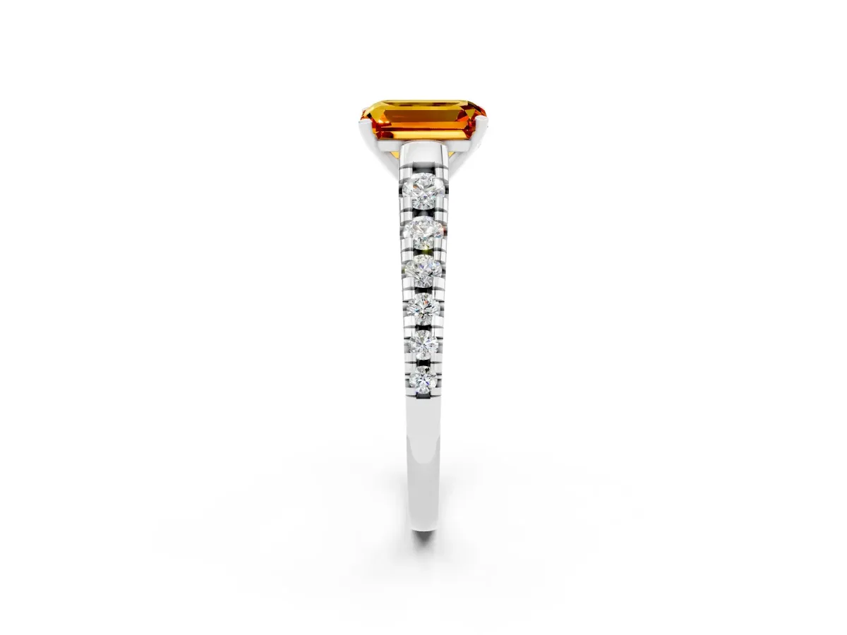 Emerald Cut Citrine Cathedral Solitaire Ring with Round Pavé Band White gold