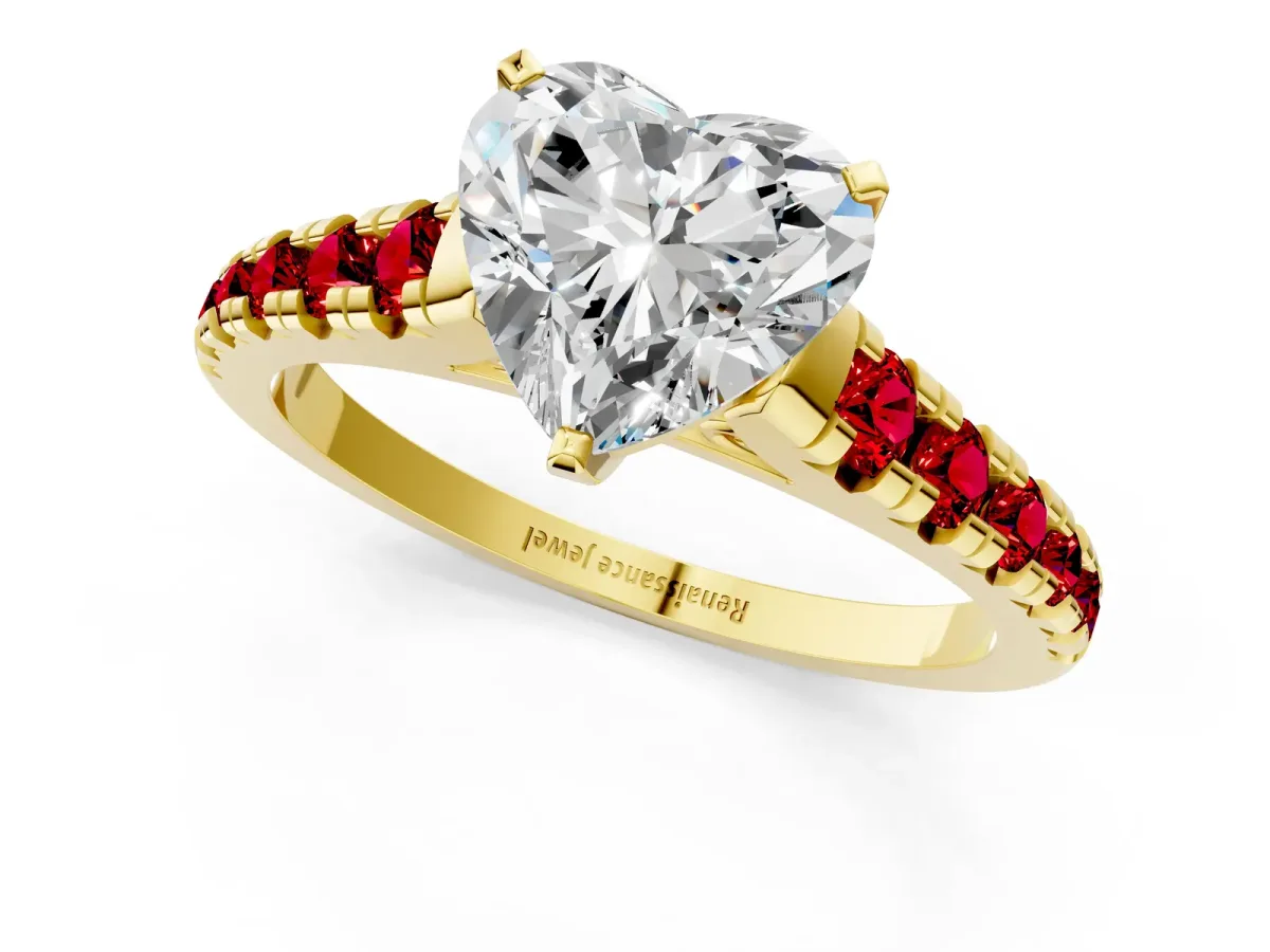 Heart Cut Diamond Cathedral Solitaire Ring with Round Ruby Pavé Band Yellow gold