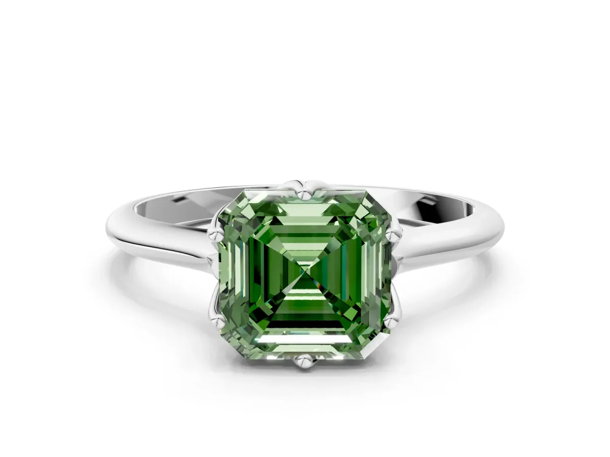 Fancy Green Asscher Cut Solitaire Cathedral Diamond Ring with Six-Prong Setting Platinum