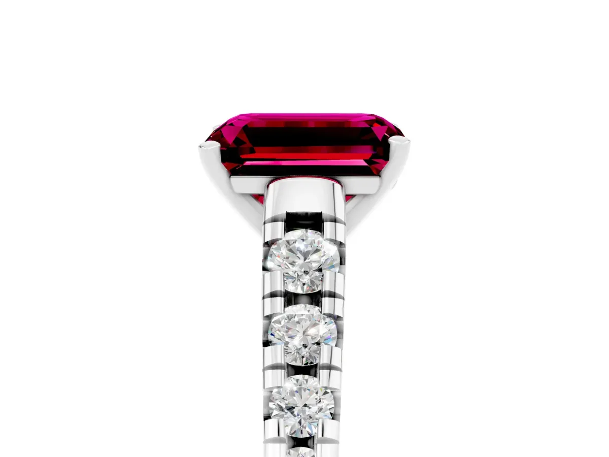 Emerald Cut Garnet Cathedral Solitaire Ring with Round Pavé Band Silver