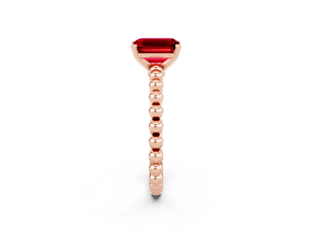 Emerald Cut Ruby Solitaire Ring with Beaded Band and Prong Setting Rose gold