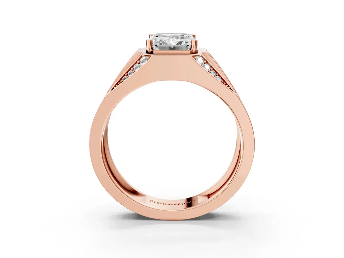 Emerald Cut Diamond Mens Ring with Baguette Side Stones Rose gold