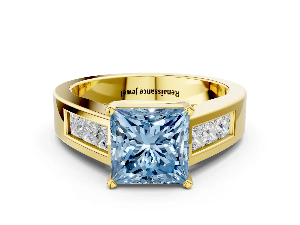 Fancy Blue Princess Cut Cut Channel Set Solitaire Ring with Four-Prong Setting Yellow gold