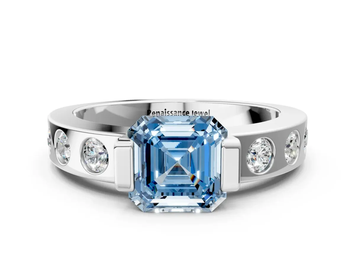 Fancy Blue Asscher Cut Brilliant Channel-Set Diamond Ring with Bezel Prong Setting Platinum