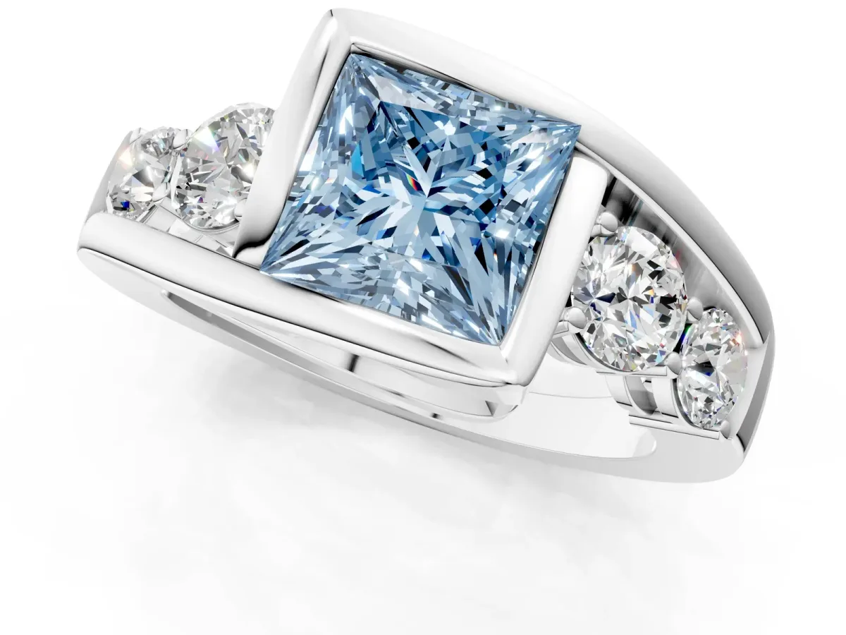 Fancy Blue Bezel Set Princess Cut Diamond Bypass Ring with Round Accents Platinum