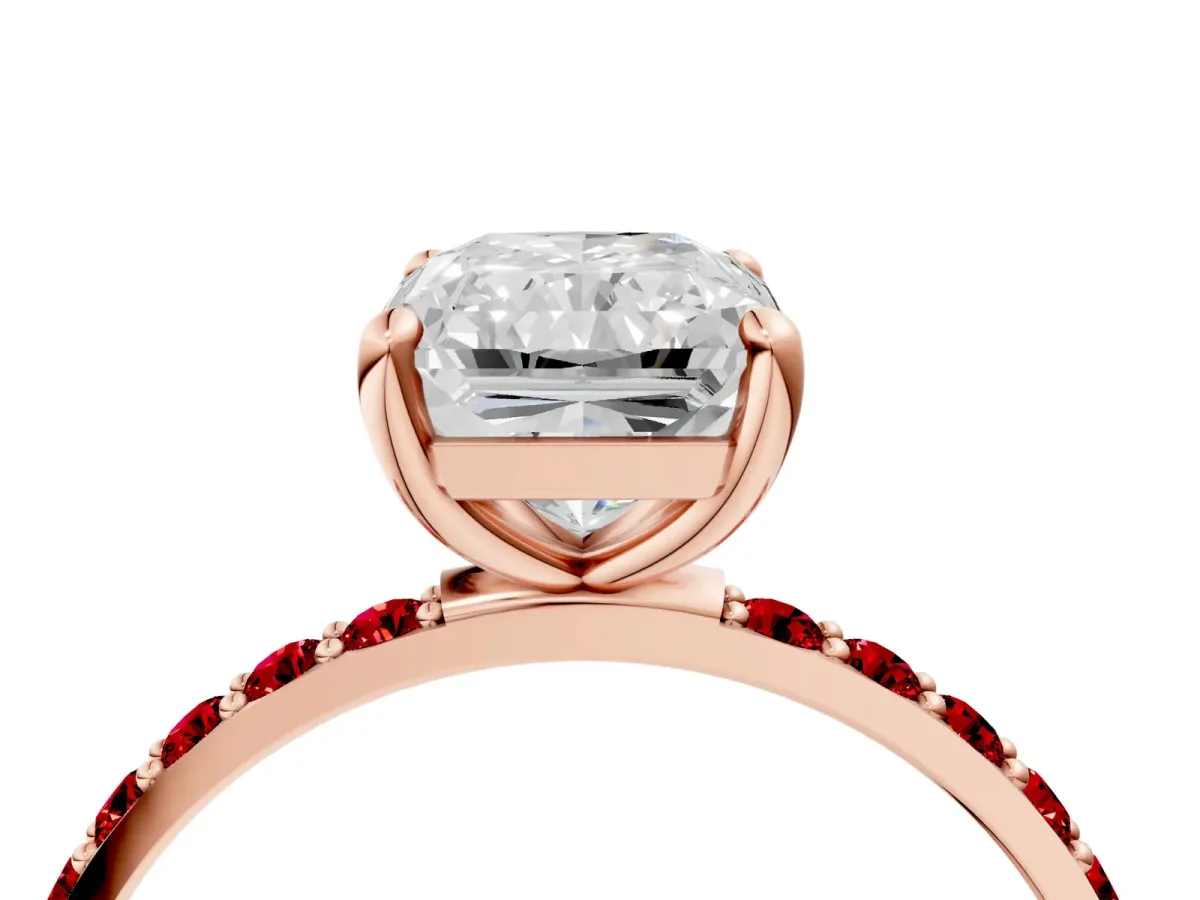 Radiant Cut Diamond Solitaire Ring with Round Ruby Pavé Band and Prong Setting Rose gold