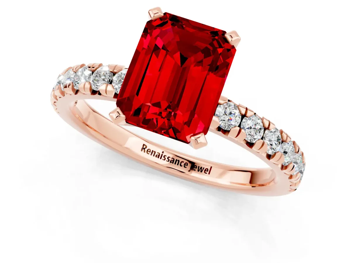 Emerald Cut Ruby Solitaire Pavé Engagement Ring with Round Band and Prong Setting Rose gold