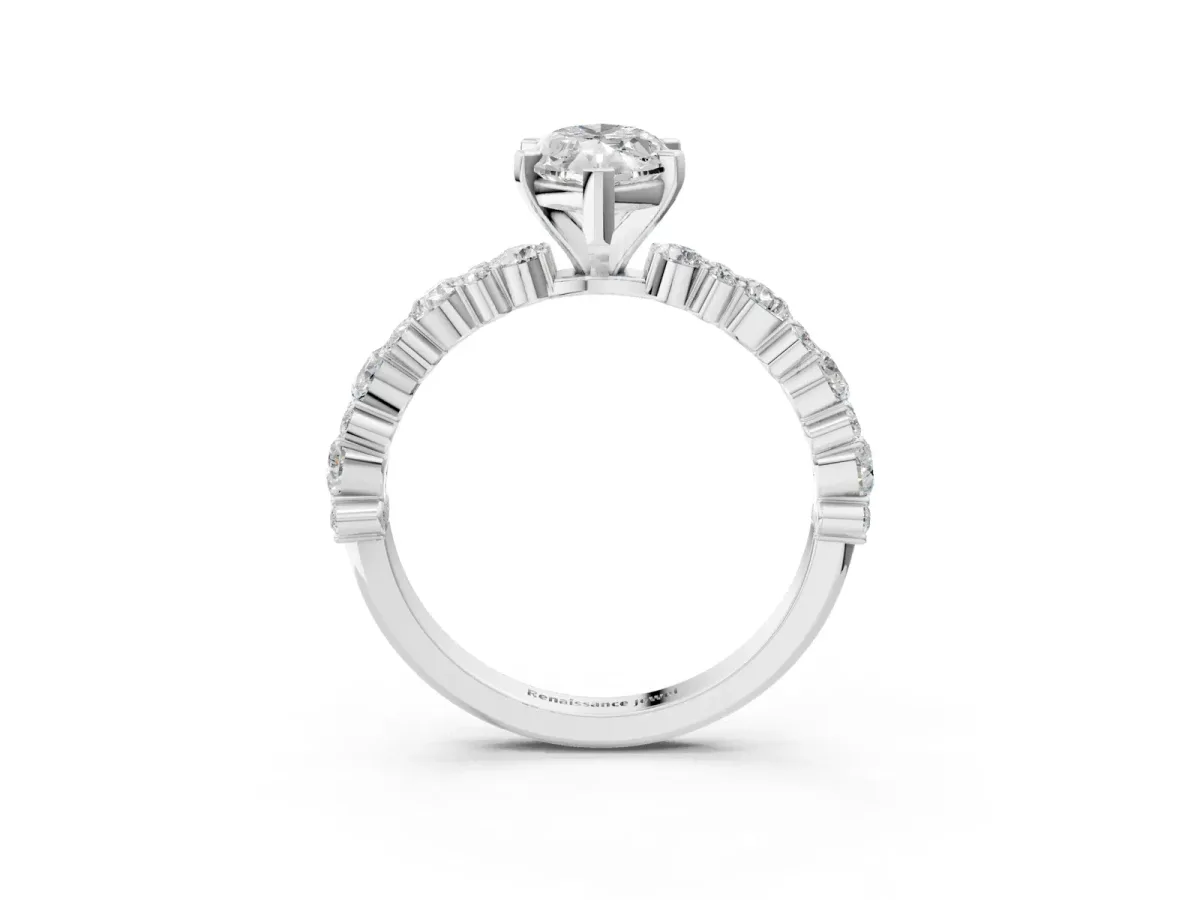 Marquise Cut Diamond Side Stone Solitaire Ring with Round Moissanite and Four-Prong Setting Silver