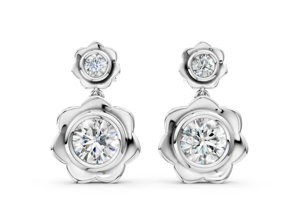 Round Diamond Flower Drop Earrings with Lab Diamond Accents Silver