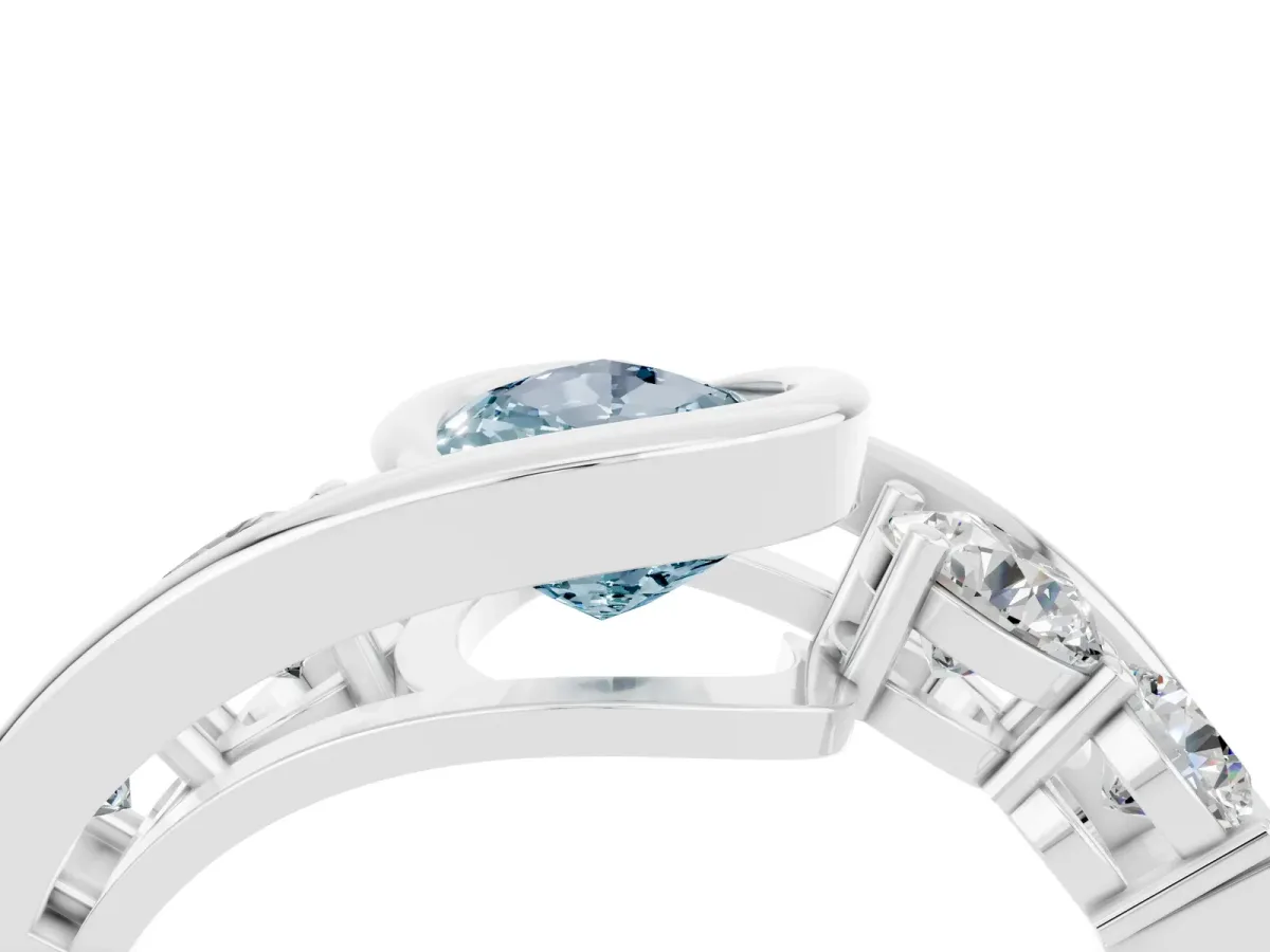 Bezel Set Pear Cut Aquamarine Bypass Ring with Round Accents Silver