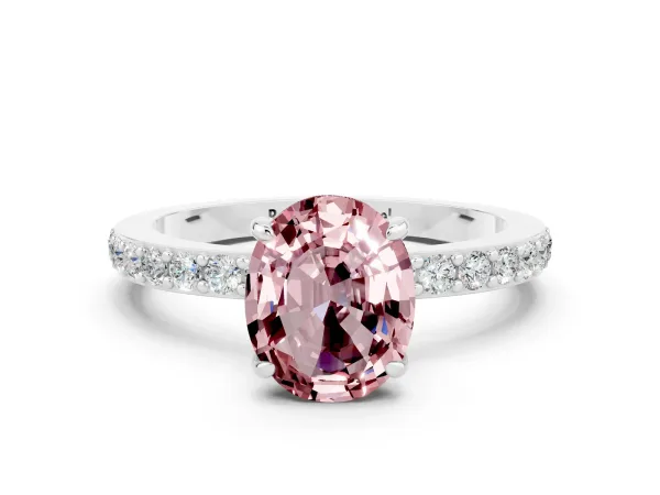 Oval Cut Morganite Solitaire Engagement Ring with Pavé Band and Four-Prong Setting Platinum