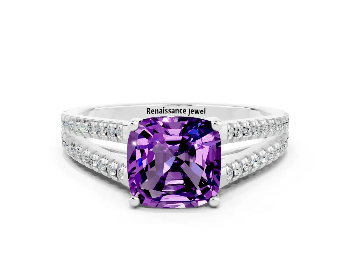 Cushion Cut Amethyst Solitaire Engagement Ring with Split Shank Pavé Band Silver