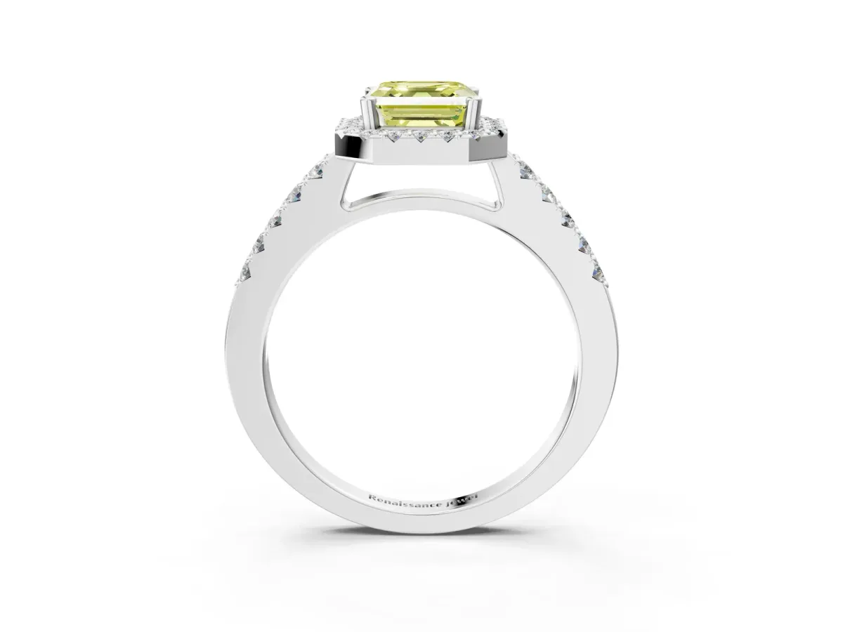 Fancy Yellow Asscher Cut Halo Diamond Pavé Solitaire Ring Platinum