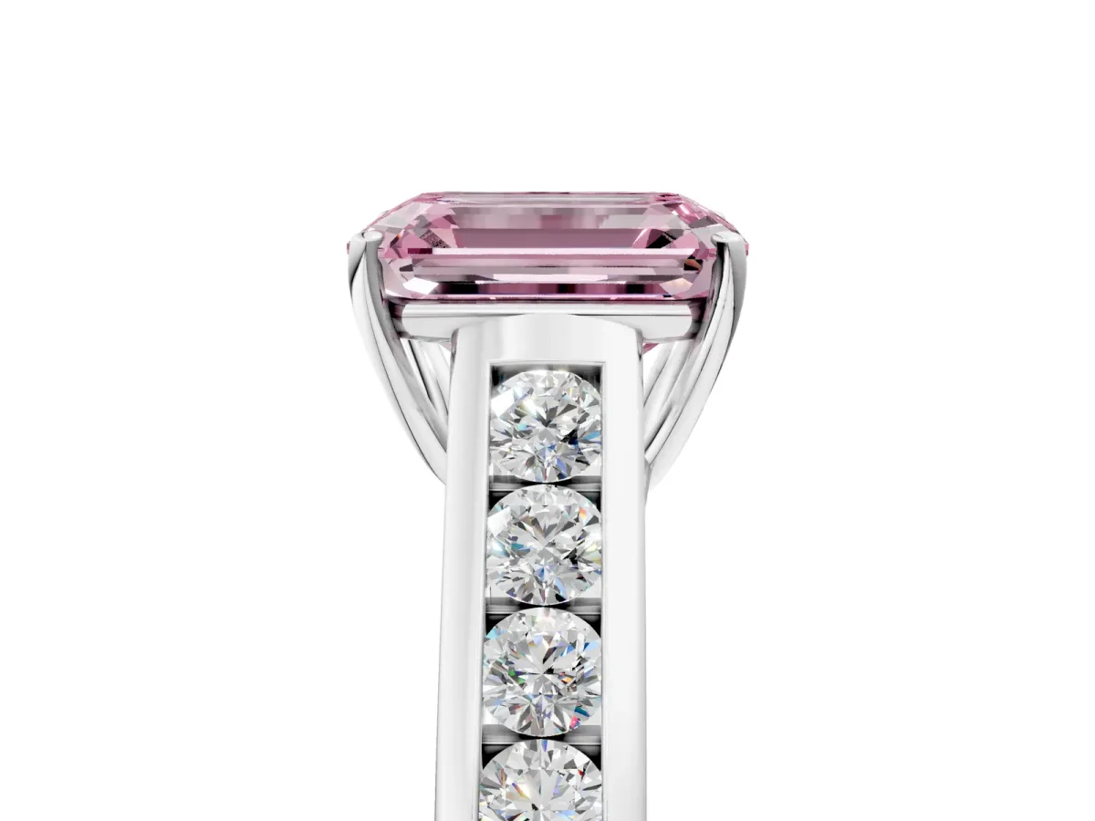 Fancy Pink Emerald Cut Brilliant Channel-Set Solitaire Ring with Four-Prong Setting White gold