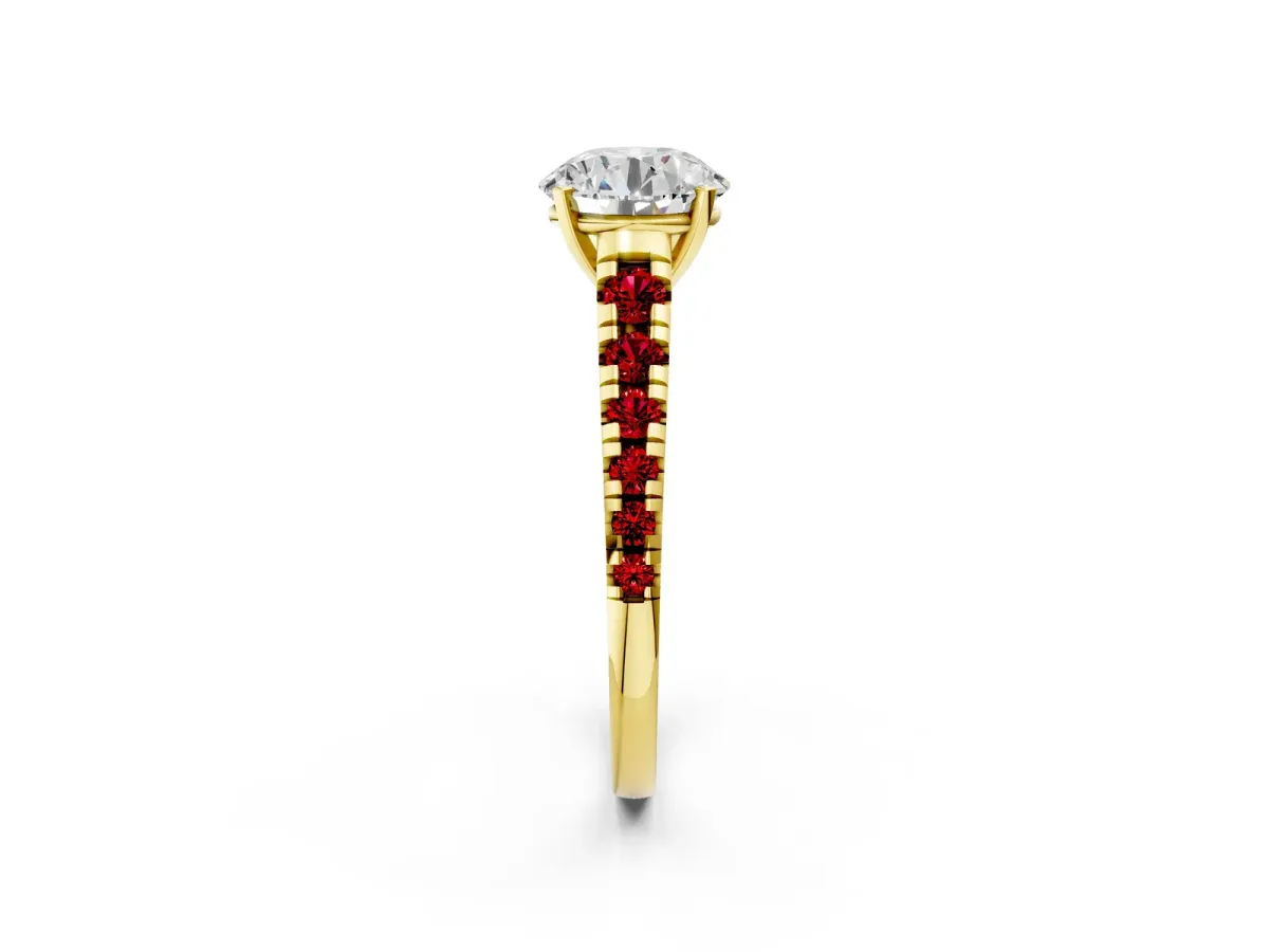 Round Cut Diamond Cathedral Solitaire Ring with Round Ruby Pavé Band Yellow gold