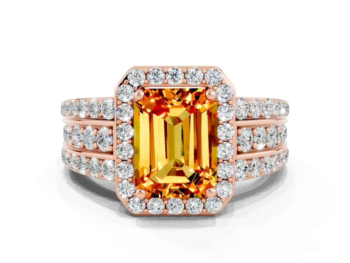Emerald Cut Halo Citrine Ring with Round Split Shank and Prong Setting Rose gold