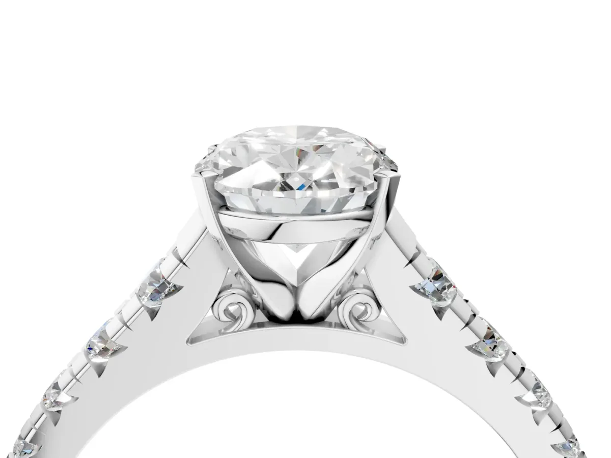 Oval Cut Diamond Cathedral Solitaire Ring with Round Pavé Band Platinum