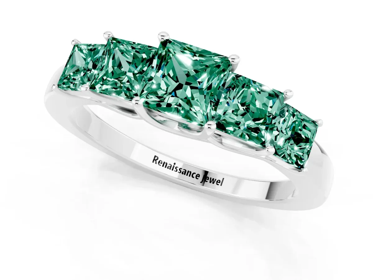 Princess Cut Five-Stone Green Sapphire Ring with Classic Prong Setting Platinum