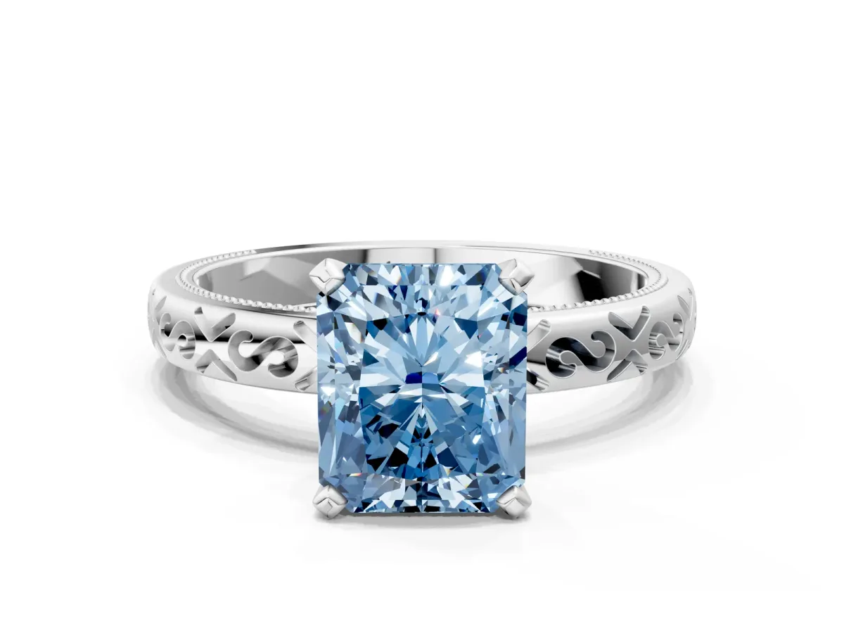 Fancy Blue Radiant Cut Solitaire Engagement Ring with Scrollwork Band and Four-Prong Setting Platinum