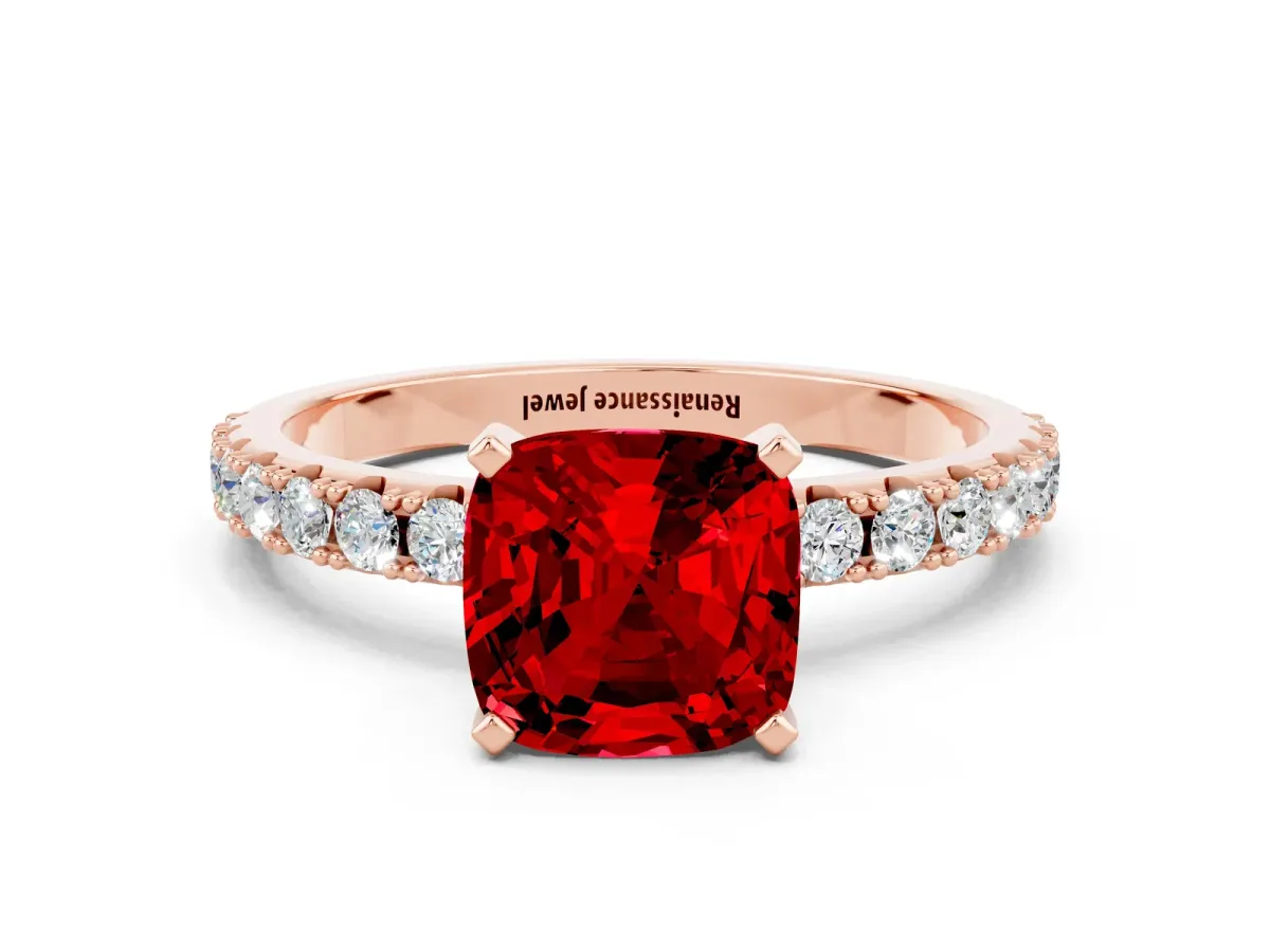 Cushion Cut Ruby Solitaire Pavé Band with Four-Prong Setting Rose gold