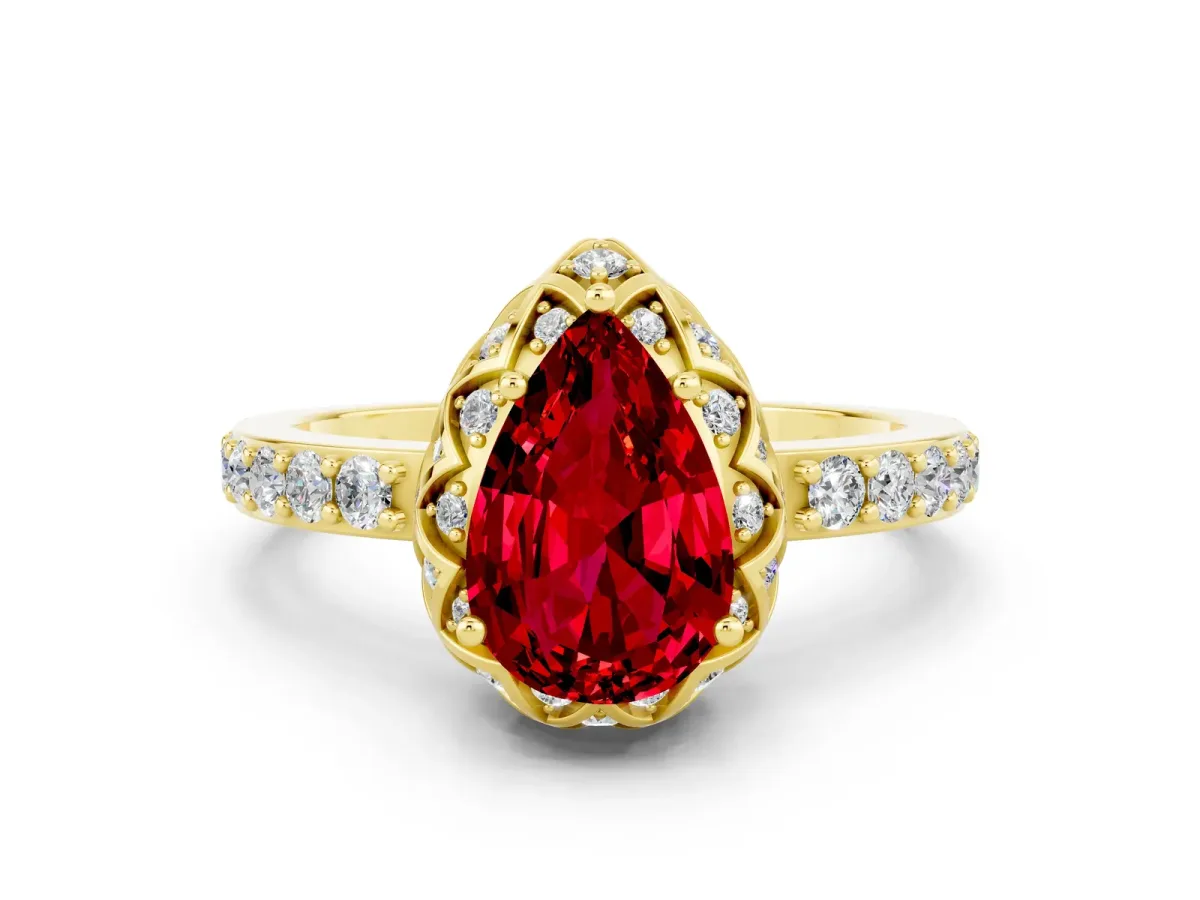 Pear Cut Ruby Scalloped Halo Engagement Ring with Round Shared Prong Band Yellow gold