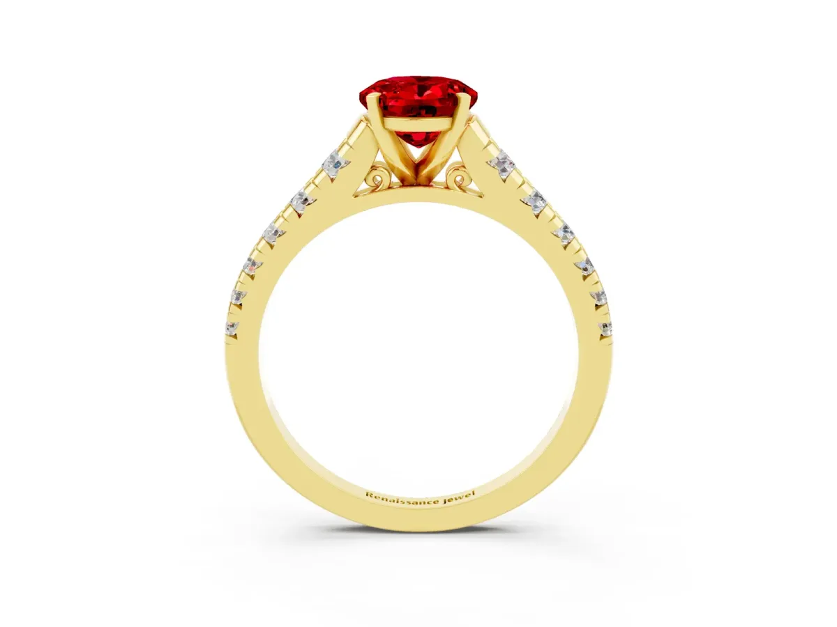 Oval Cut Ruby Cathedral Solitaire Ring with Round Pavé Band Yellow gold