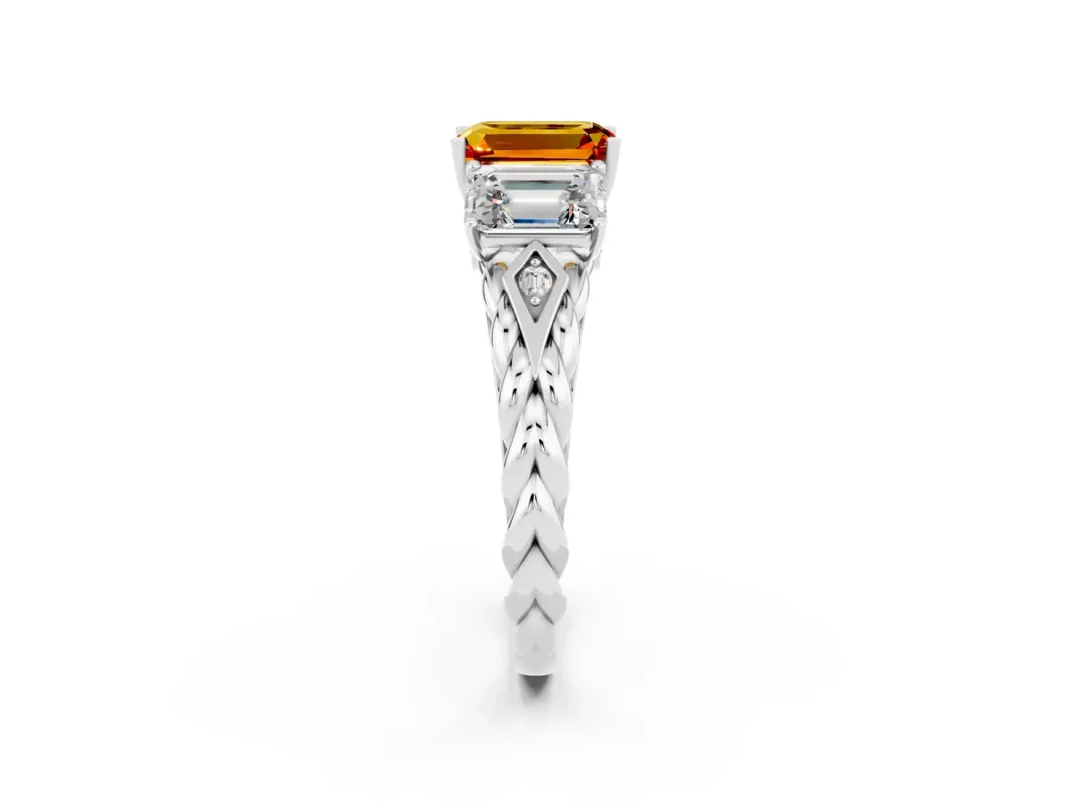 Three-Stone Emerald Cut Citrine Braided Band Ring with Four-Prong Setting Silver