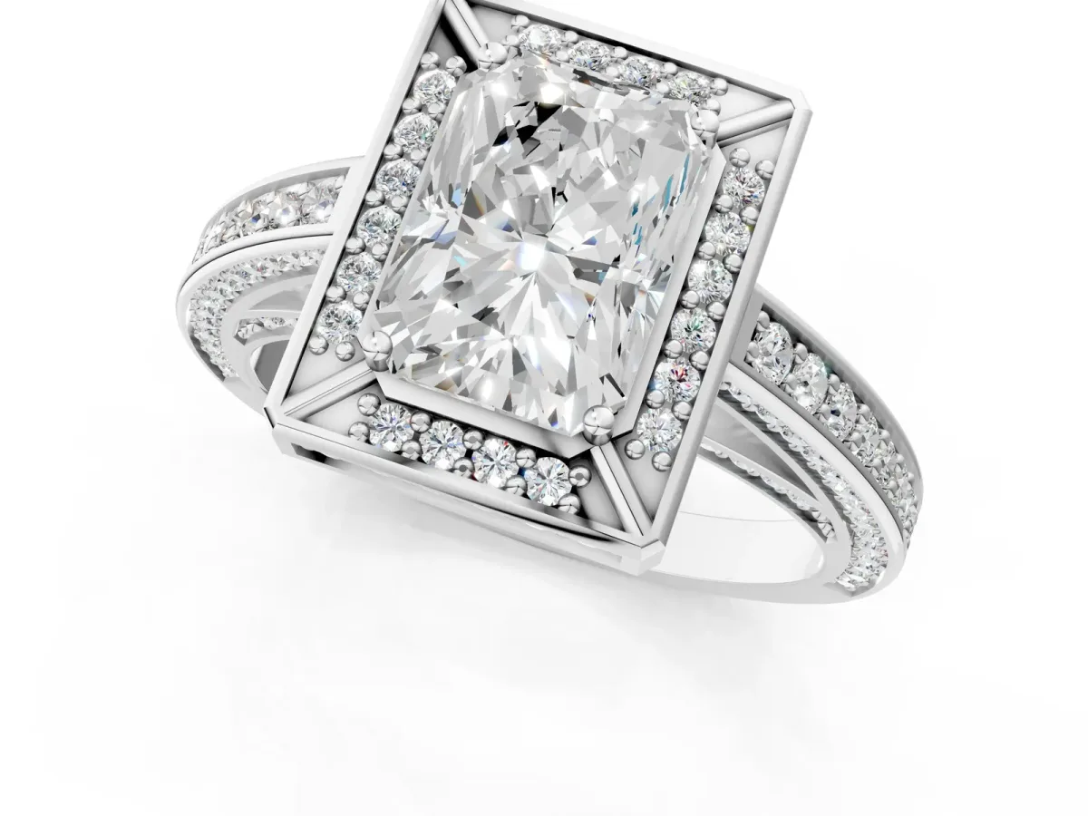 Radiant Cut Cut Halo Pave Split Shank Prong Setting Ring Platinum