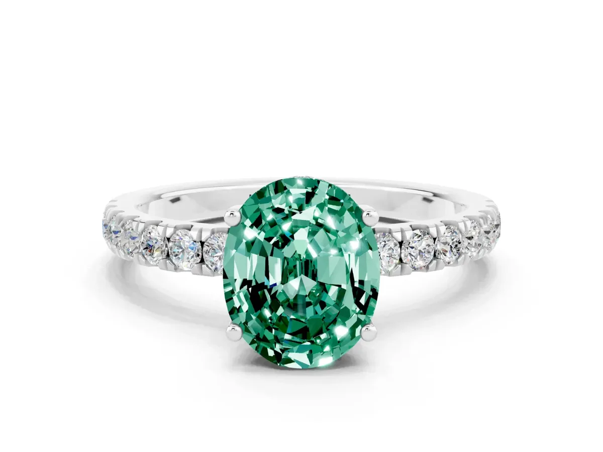 Oval Cut Green Sapphire Pave Band Solitaire Ring with Round and Prong Setting Silver