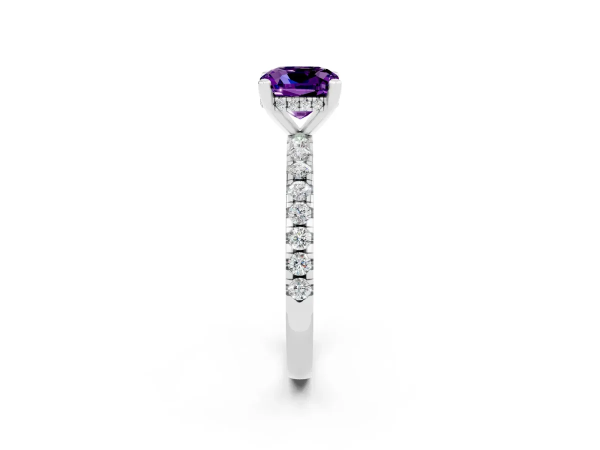 Cushion Cut Amethyst Solitaire Ring with Round Pavé Band and Four-Prong Setting Silver
