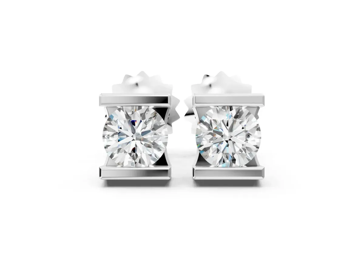 Bar Set Round Diamond Stud Earrings in White Gold Silver