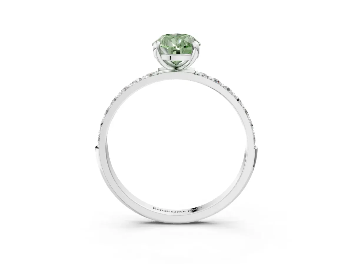 Fancy Green Pear Cut Diamond Solitaire Ring with Round Pavé Band and Prong Setting Silver