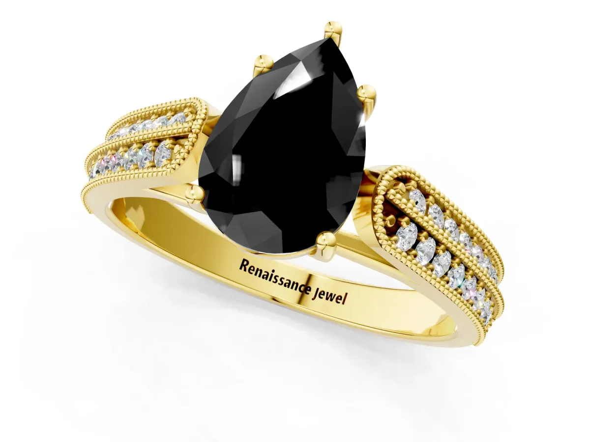 Fancy Black Pear Cut Cut Pave Split Shank Engagement Ring with Four-Prong Setting Yellow gold