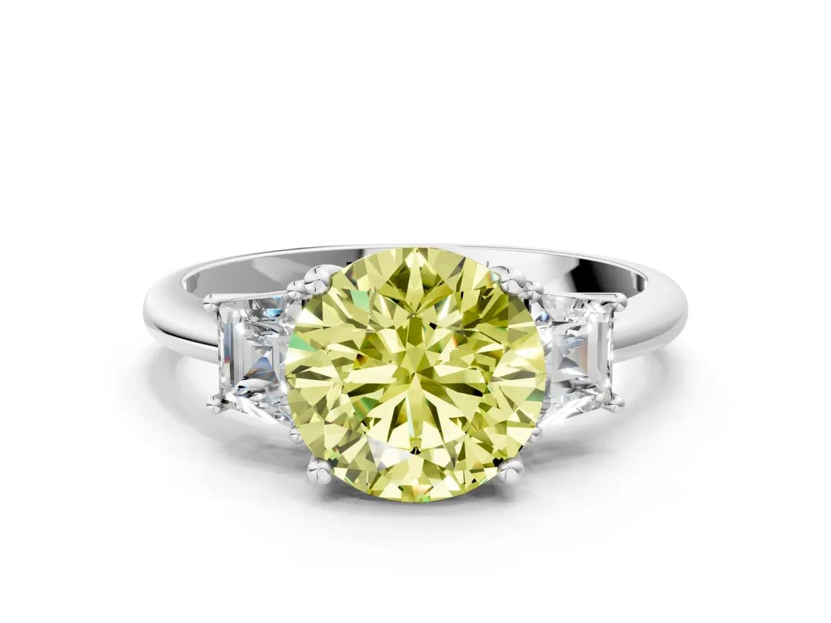 Fancy Yellow Round Cut Diamond Three-Stone Ring with Trapezoid Side Stones and Prong Setting Platinum