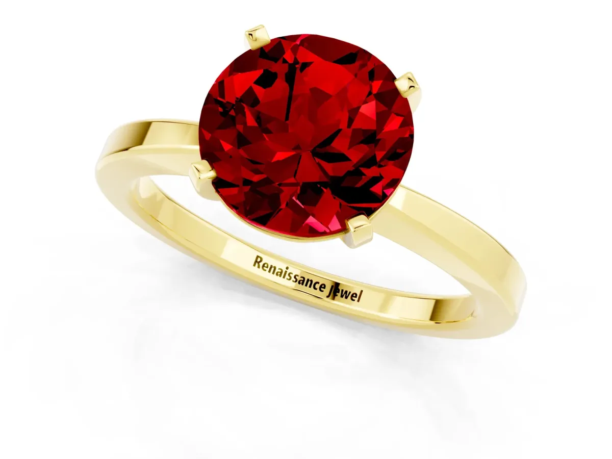 Round Cut Ruby Solitaire Engagement Ring with Classic Band and Four-Prong Setting Yellow gold