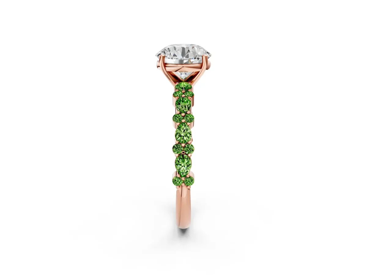 Round Cut Diamond Side Stone Solitaire Ring with Round Peridot and Four-Prong Setting Rose gold