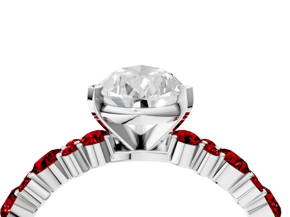 Pear Cut Diamond Side Stone Solitaire Ring with Round Ruby and Four-Prong Setting White gold
