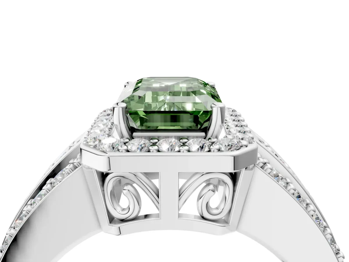 Fancy Green Emerald Cut Halo Diamond Ring with Round Split Shank and Prong Setting Silver