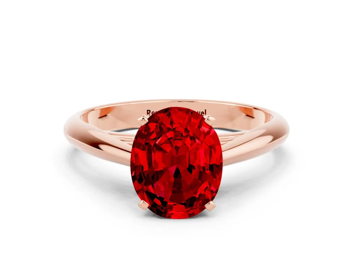 Oval Cut Ruby Solitaire Engagement Ring with Cathedral Setting and Four-Prong Mount Rose gold