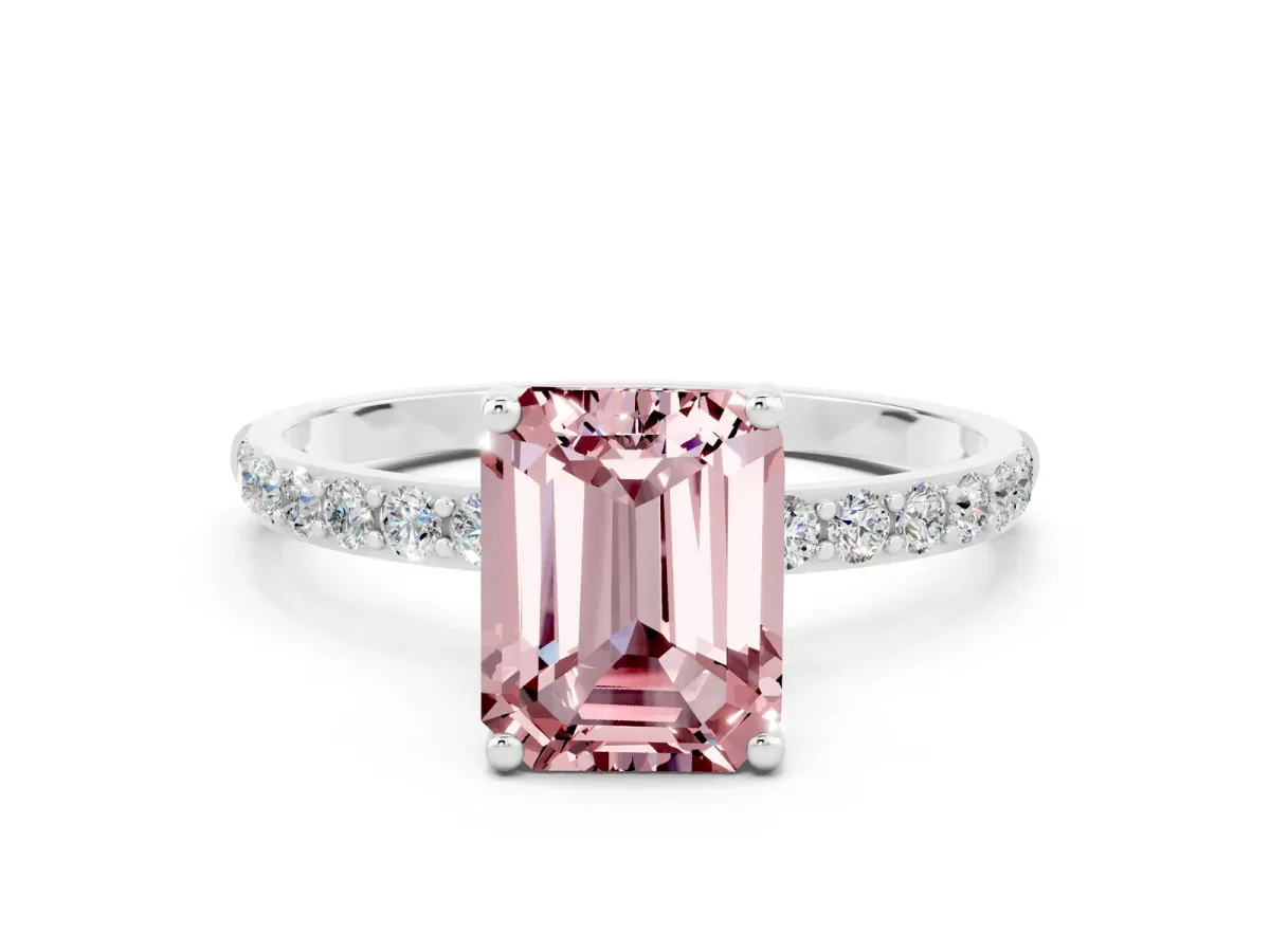 Emerald Cut Morganite Solitaire Ring with Round Pavé Band and Prong Setting Silver