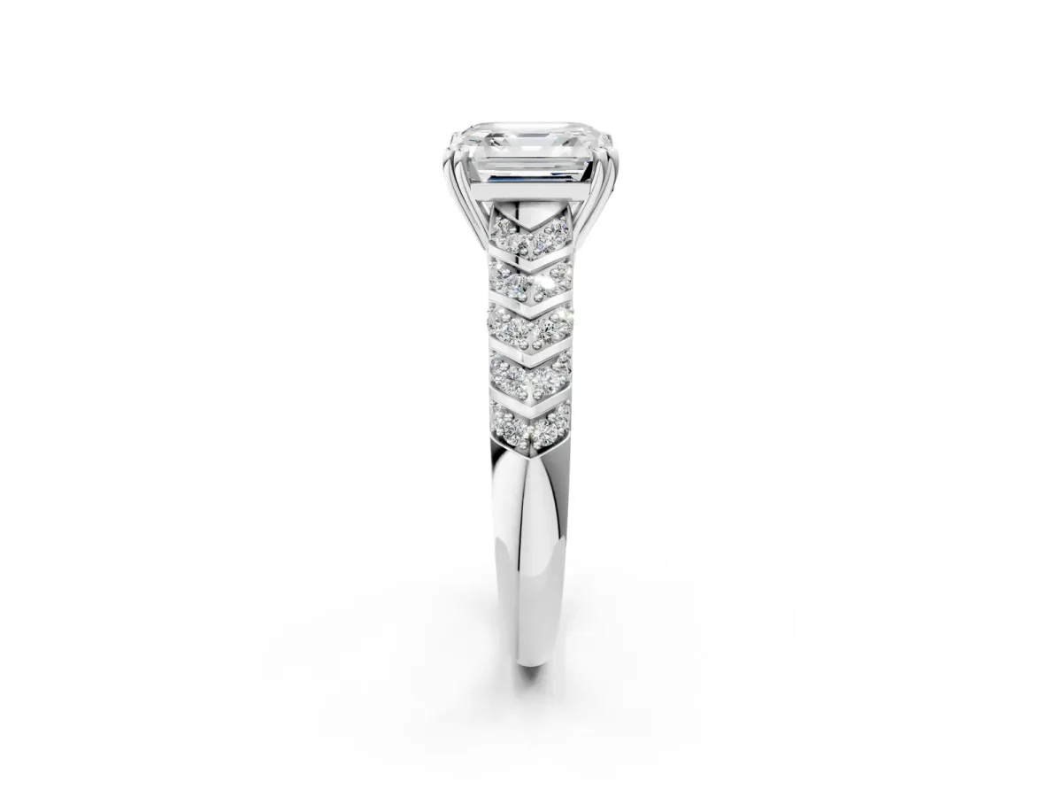 Asscher Cut Solitaire Chevron Pave Diamond Engagement Ring with Six-Prong Setting Platinum