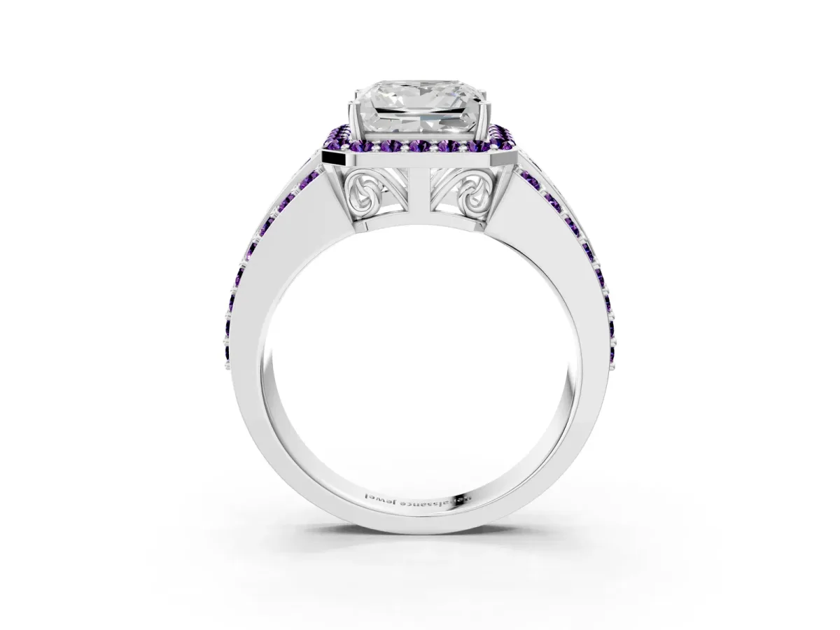 Princess Cut Halo Diamond Ring with Round Amethyst Split Shank and Prong Setting Silver