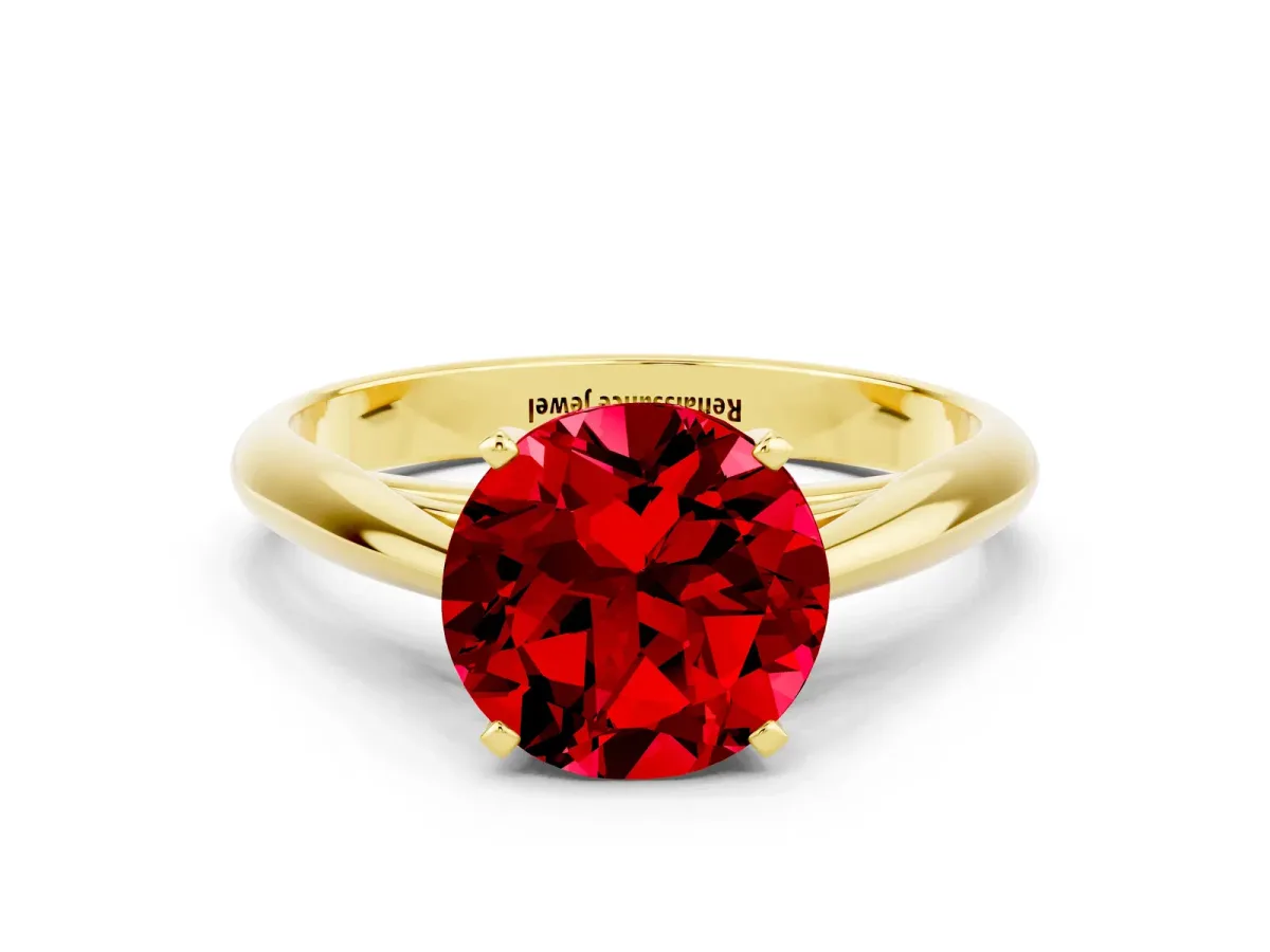 Round Cut Ruby Solitaire Engagement Ring with Cathedral Setting and Four-Prong Mount Yellow gold