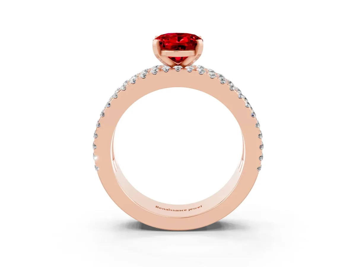 Oval Cut Ruby Solitaire Ring with Pavé and Channel Set Band Rose gold