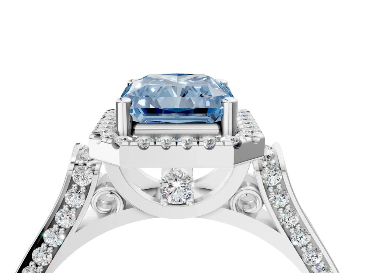Fancy Blue Radiant Cut Halo Pave Split Shank Prong Setting Ring Platinum