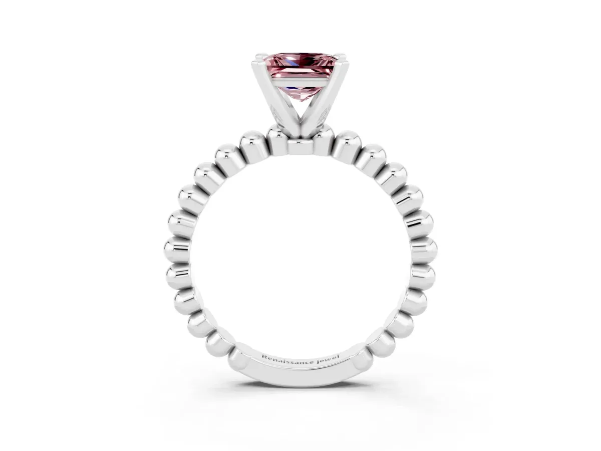 Princess Cut Morganite Solitaire Ring with Beaded Band and Prong Setting Platinum
