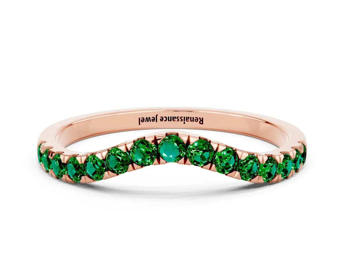 Curved Pavé Round Emerald Wedding Band with Shared Prong Setting Rose gold