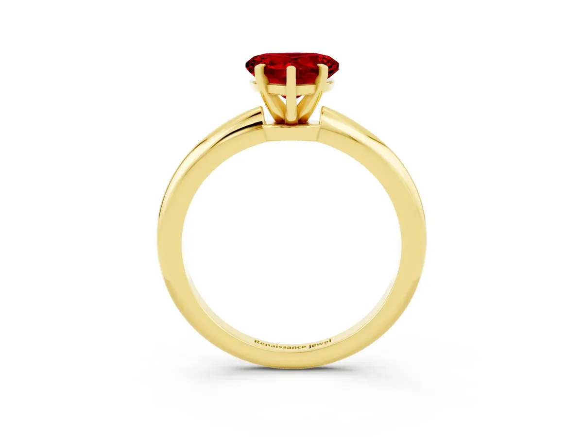 Heart Cut Ruby Solitaire Ring with Six-Prong Setting and Classic Band Yellow gold